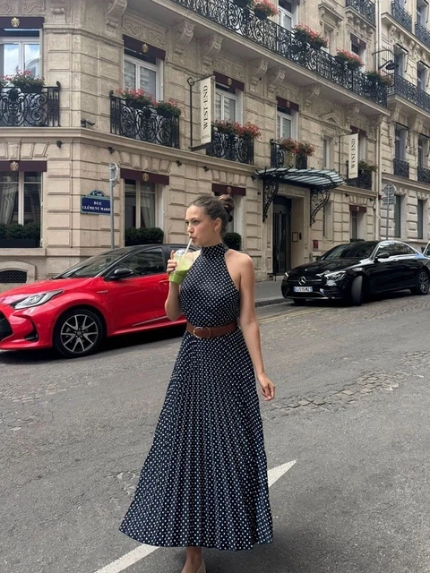 ZARA WOMAN SS25 Polka Dot Midi Halter Dress With Belt Navy Blue 3555/902  Size Xs 50.00 - PicClick UK