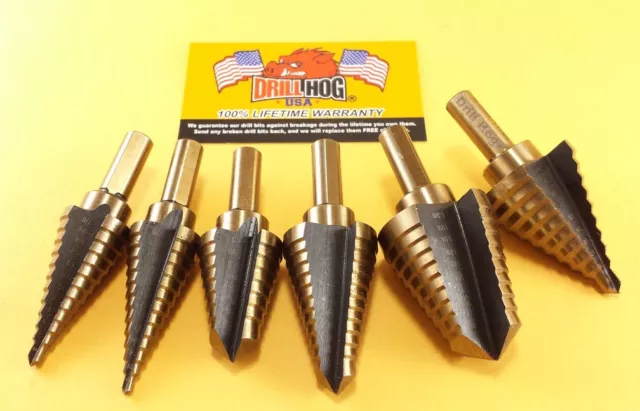 6 Pc Step Drill Bit Set Step Bit Molybdenum UNIBIT Lifetime Warranty Drill Hog®