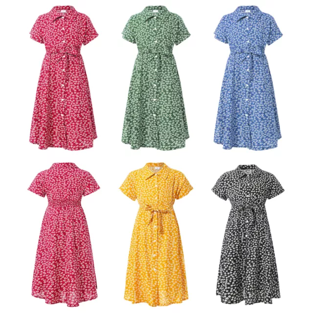 Kids Girl Short Sleeve Casual Dress Floral Print Boho Midi Dress A-line Sundress