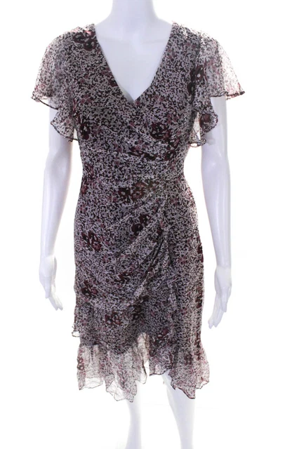 Shoshanna Womens Silk V Neck Short Sleeve Ruffle Midi Dress Red Floral Size 0