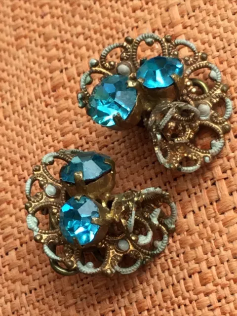 Vintage Czech Filigree Clip On Earrings Gold Tone & Blue Glass Beads, Clips