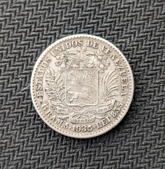 1935 Venezuela Silver 1 Bolivar Philadelphia Mint Y#22