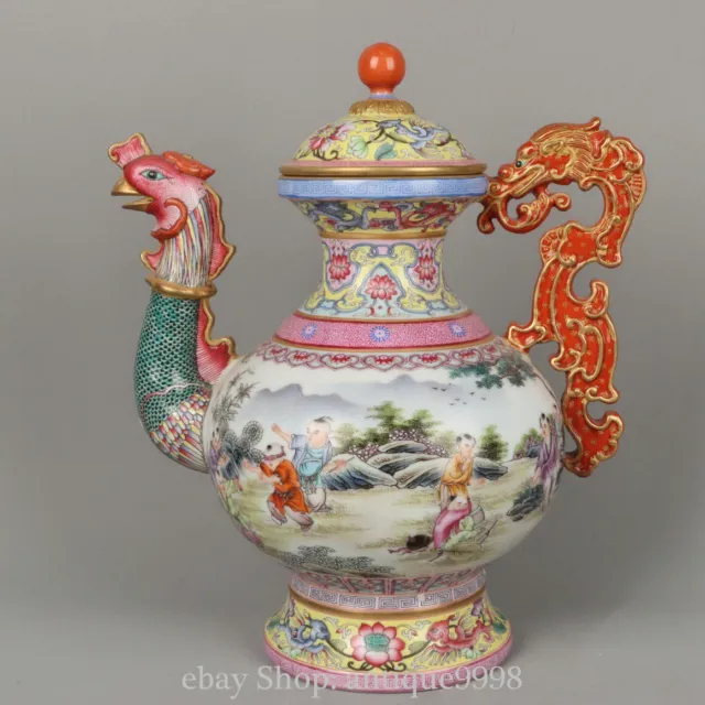 11'' Old Enamel Color Porcelain Gold Tongzi Boy Chicken Head Wine Tea Pot Flagon