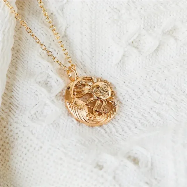 Golden Vintage Hollow Star Sun Moon Pattern Pendant Necklace Women Exquisite New