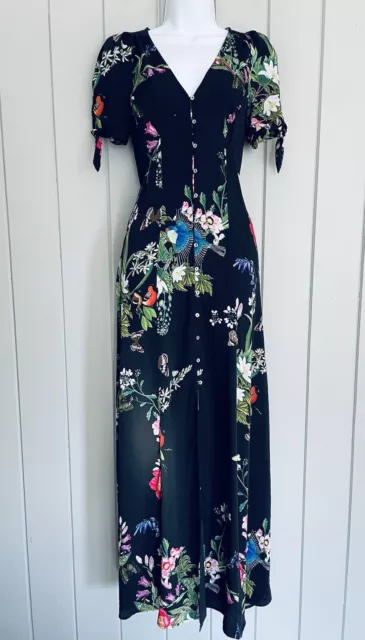 Express Karlie Kloss Maxi Dress 2 Black Floral Butterflie Print Tie Back Chiffon