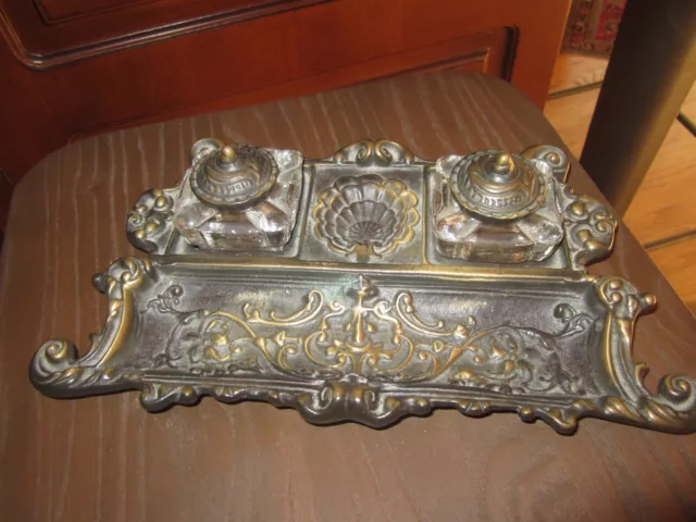 Vintage Ornate Heavy Solid Brass/ Bronze Double Desk Inkwell Glass Brass Caps