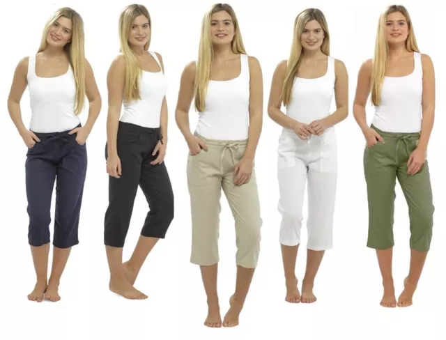 WOMEN'S 3/4 LENGTH Linen Trousers Ladies Capri Cropped Pants
