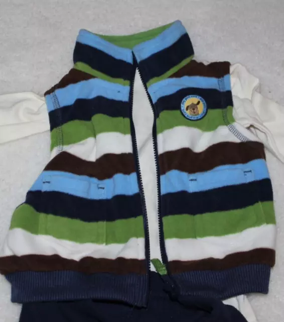 Carters Blue Green Brown 3 Pc Set Fleece Pants Vest Shirt Dog Patch 9M NWT 3