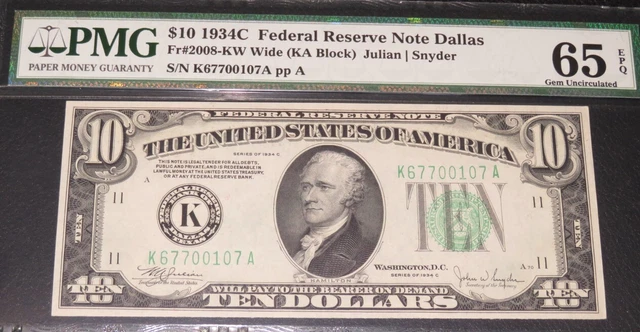 $10 1934C Dallas FRN. Fr. 2008-KW. PMG 65 EPQ. Quality Note