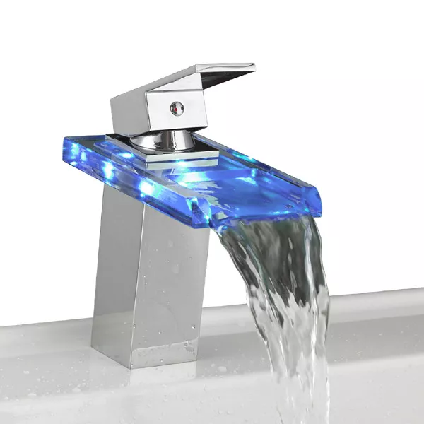 LED Cascada Grifo Agua Cristal Cuarto Baño Mezclador Monomando Grifería Lavabo
