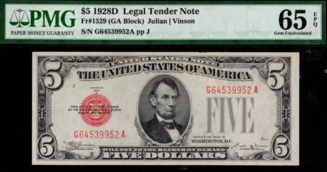 1928D $5 Legal Tender PMG 65EPQ wanted red seal US Note Fr 1529
