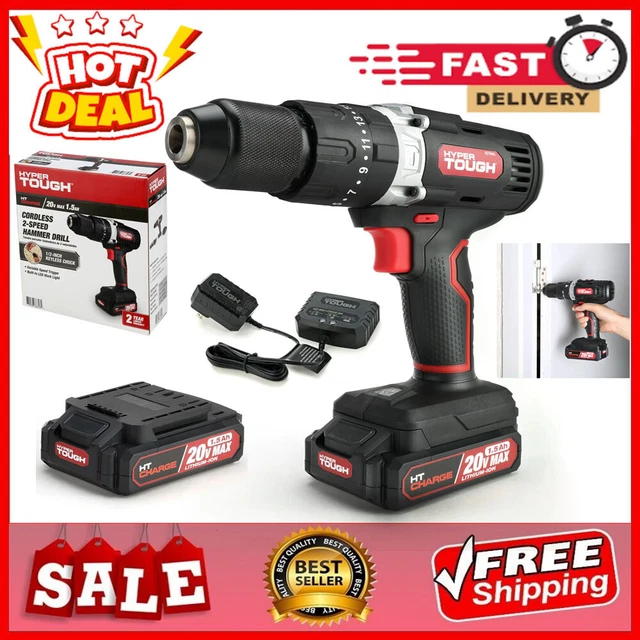 HYPER TOUGH 1/2 inch Chuck 20V Cordless Hammer Drill,Lithiumion