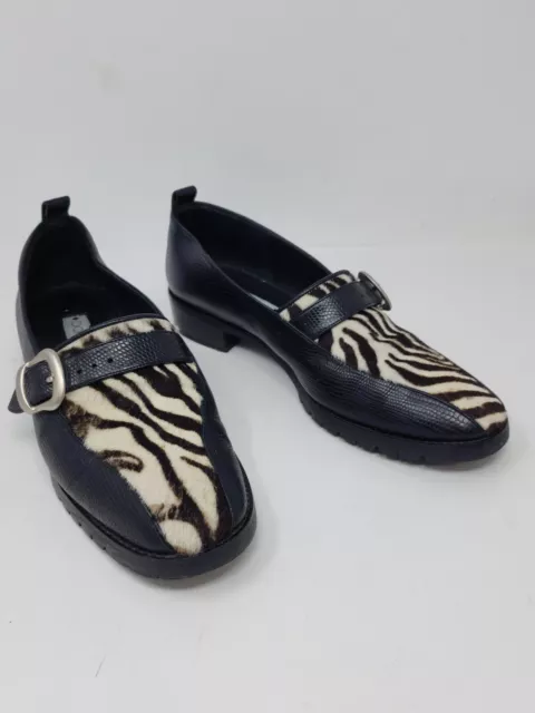 Donald J Pliner Womens 7.5 Snakeskin Black Leather Loafers Shoes Zebra Calfhair