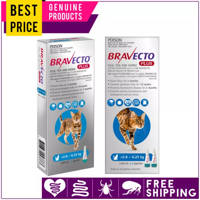 BRAVECTO PLUS for Cats 1,2 Dose BLUE 2.8 to 6.25 Kg Flea Heartworm Worm Control