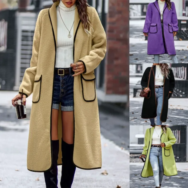 Womens Fall/Winter Lapel Solid CardiganLambswool Contrast Pocket Long Jacket