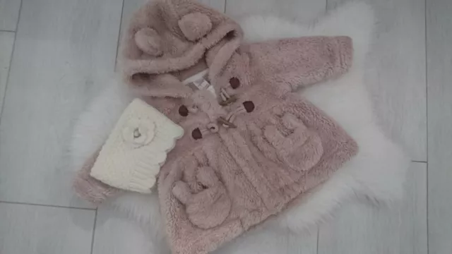 Nice Bunny Next Autumn Winter Baby Girl Fluffy Jacket Coat Band Set 0-3 Mths