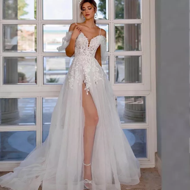 Off Shoulder Applique Lace Tulle High Slit Backless Bridal Gown Wedding Dress