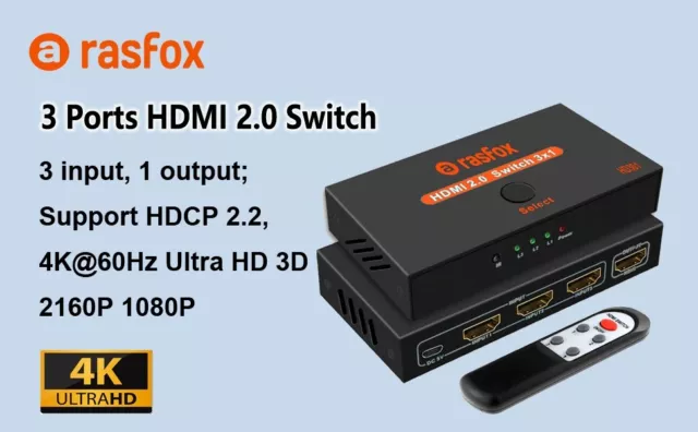 3-Port HDMI Switch 3x1 Switcher Selector Splitter 4K 1080P HDMI 2.0  + Remote 2