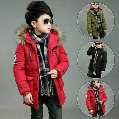 Kids Boys Thick Padded Coat Puffer Hooded Fur Lined Winter Outwear Parka Jacket