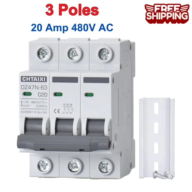 3 Pole DIN Rail Mount Circuit Breaker, 20 Amp 480V AC Miniature Circuit Breaker 3 Pole DIN Rail Mount Circuit Breaker, 20 Amp 480V AC Miniature Circuit Breaker