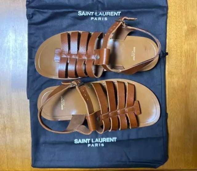 YSL SAINT LAURENT Brown Leather Buckle Strap Sandals Made in Italy Men ...