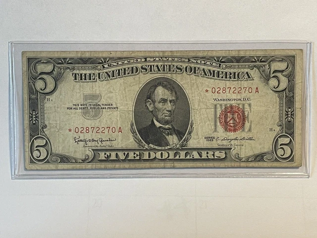 1963 $5 Five Dollar Bill - RED SEAL / STAR NOTE Federal Reserve Note