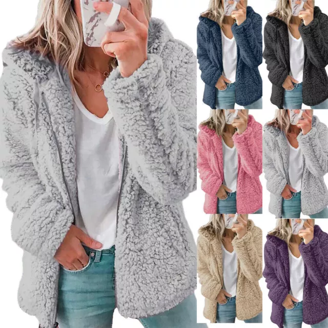 Women Fleece Fluffy Hooded Coat Jacket Teddy Bear Cardigan Winter Warm Outwear