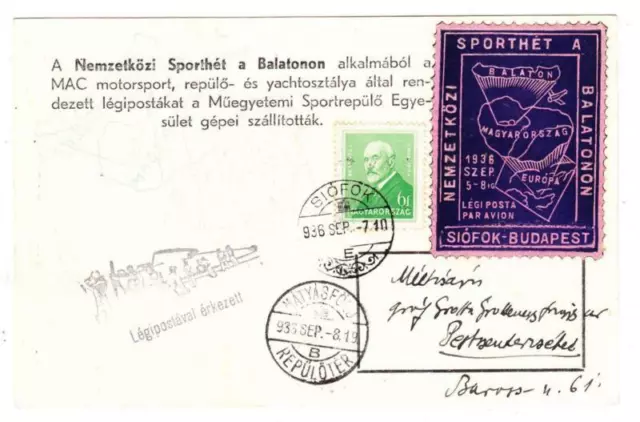 Ungarn Sc #471-SIOFOK 1936/September/7-AIR Post Sich Budepest-International