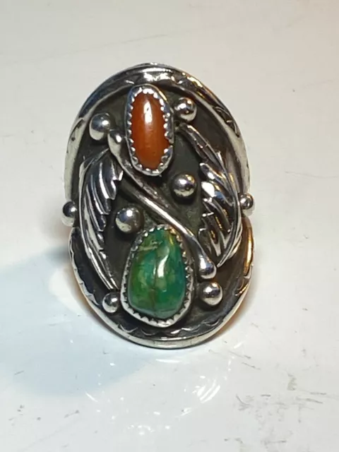 Turquoise ring Navajo coral southwest sterling silver women men size 9.75