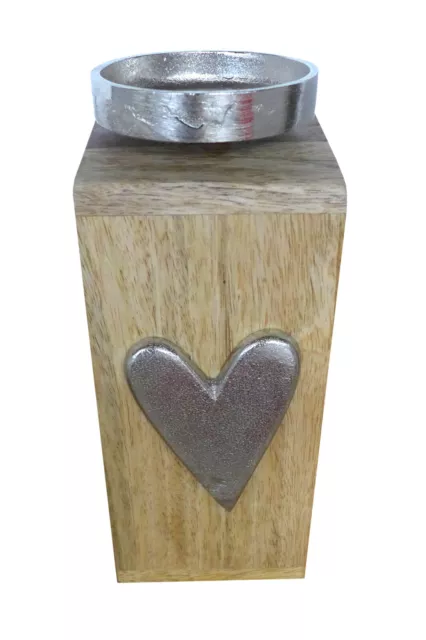 Kerzenständer Mangoholz mit Metallherz |  Kerzenhalter Holz |  22x9 cm