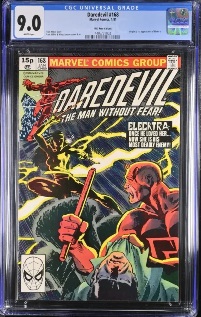 Daredevil #168 CGC 9.0 UK Price Variant Beautiful Book! 1st App of Elektra 1981