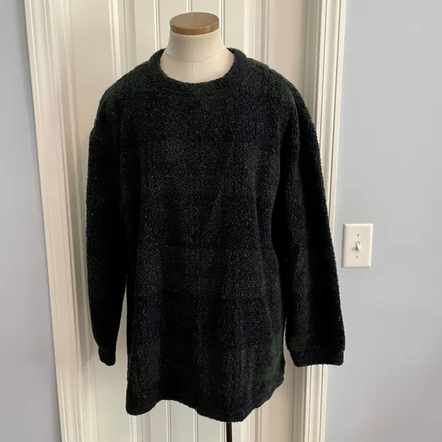 WOOLRICH Women’s XL Sherpa Tartan Plaid Tunic Sweater Blue & Green 90’s Vintage