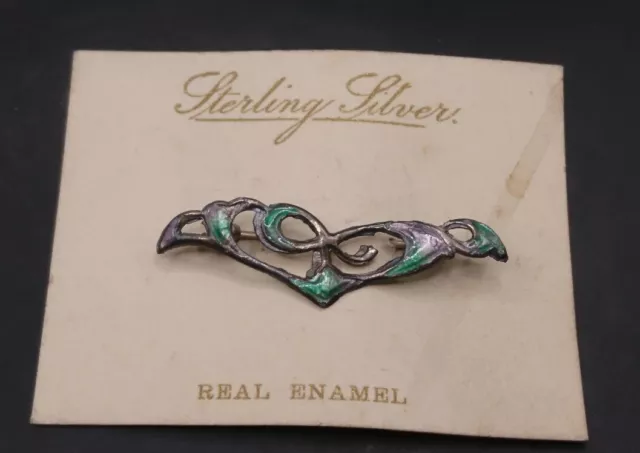 Antique Enamel Art Nouveau Sterling Silver Brooch On Original Card