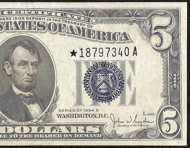 STAR 1934D $5 DOLLAR BILL SILVER CERTIFICATE BLUE SEAL NOTE PAPER MONEY Fr 1654*