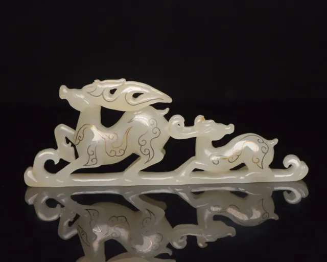 Chinese Exquisite Handmade Deer Inlaid Silver Wire Hetian Jade Statue