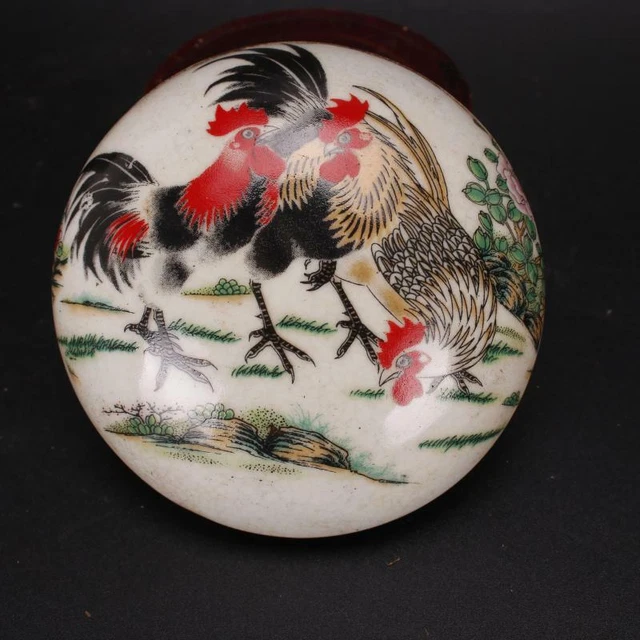 Chinese Famille Rose Porcelain Rooster Cock Design Ink Pad Box Rouge Box 4.13"