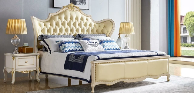 Lit Capitonné Luxe Double Chambre à Coucher Bois Cuir Lits Chesterfield Baroque