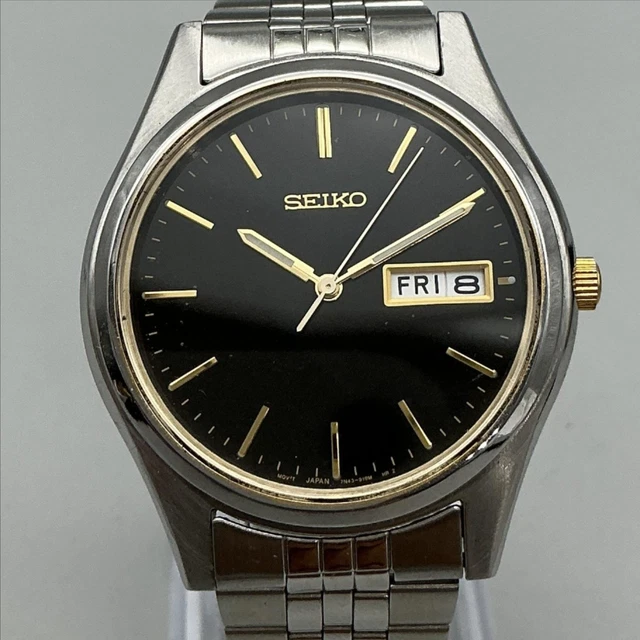 VTG SEIKO MENS Watch 36mm Black Two Tone Day Date 7N43-8A49  display picture 2