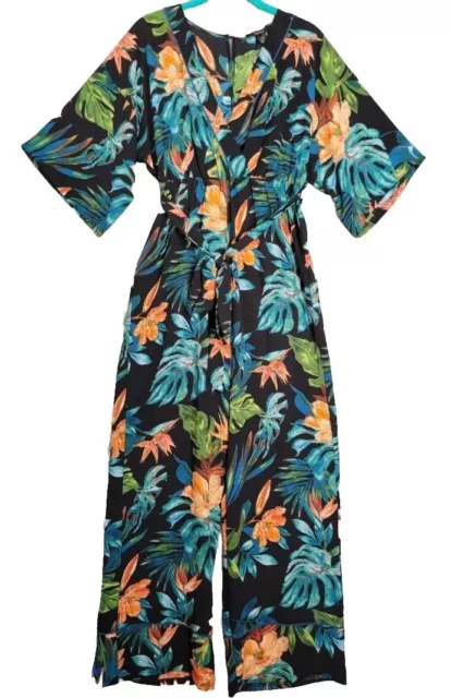 Floral Jumpsuit Small Wrap V Neck Belted Tropical Hawaiian Open Back Romper 2