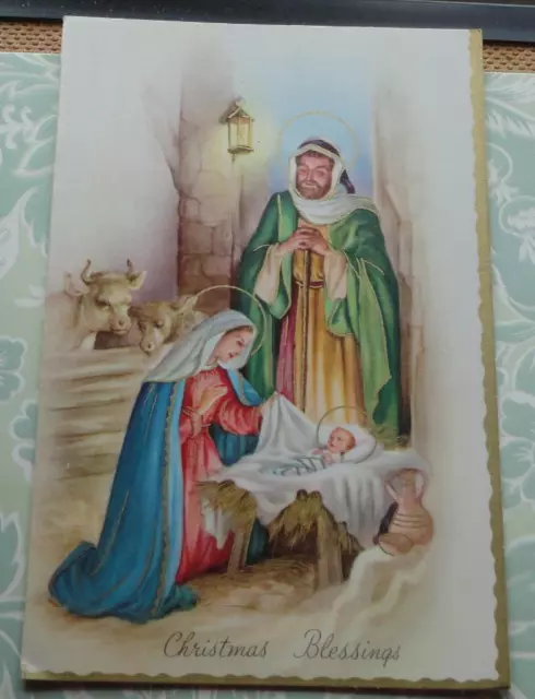 UNUSED Vintage Christmas Card NATIVITY Jesus Mary Joseph in Stable GOLD ACCENTS