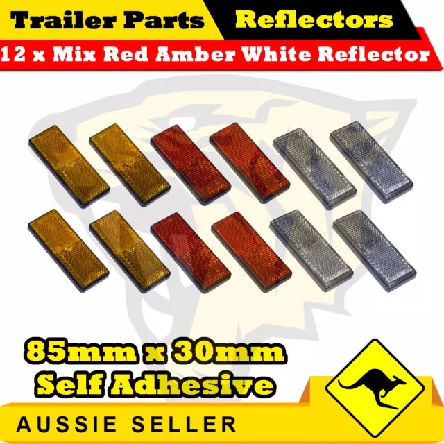 12 x Mix Red Amber White 85mm x 30mm Self Adhesive Reflectors-Superior Trailers