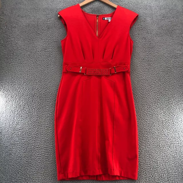 Jennifer Lopez Dress Womens 12 Orange Knit Knee Sheath Belted Sleeveless V Neck