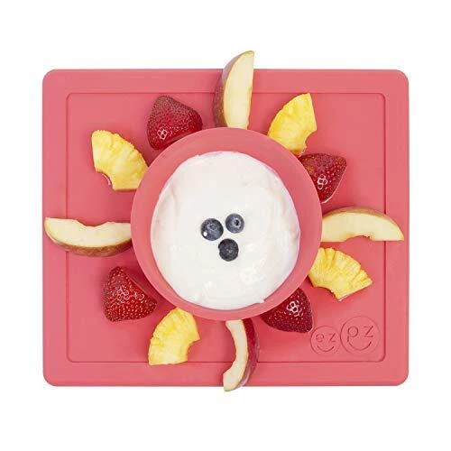 ezpz Happy Bowl (Coral) - 100% Silicone Suction Bowl with Built-in Placemat f...
