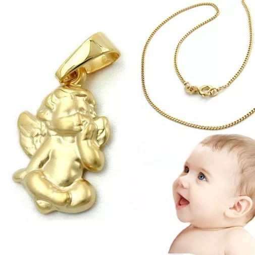 Gold 750 sitzender Handkuss Baby Kinder Kommunion Schutzengel mit Silber Kette