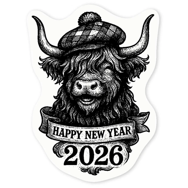HAPPY NEW YEAR 2026 Highland Cow Clear Sticker Decals DC058243 4 Happy New Year 2026 Highland Cow Clear.webp