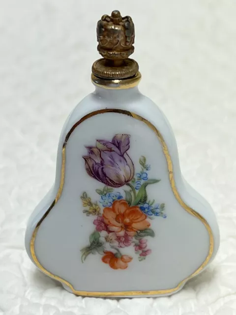 Antique Or Vintage Porcelain German Crown Top Floral Gilt Scent Perfume Bottle