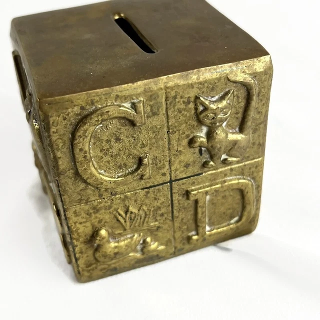 VINTAGE HEAVY METAL Child's Block ABC Coin Bank Change Holder Baby
