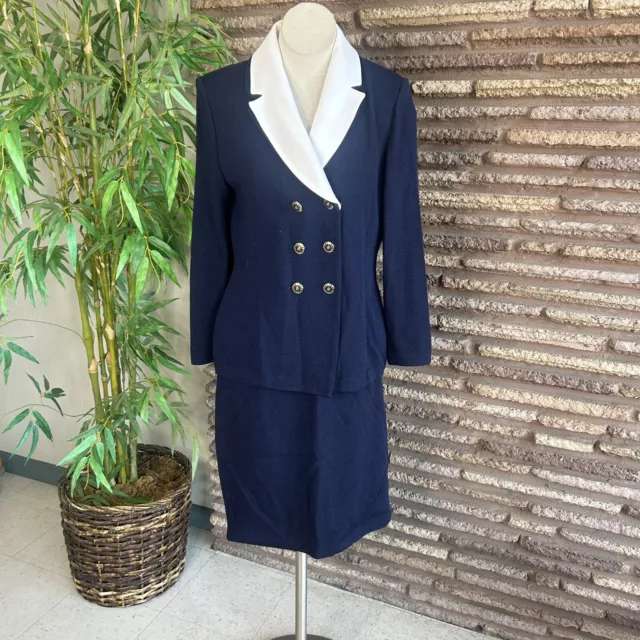 St. John Collection Navy Blue Santana Knit Nautical White Collar Skirt Suit