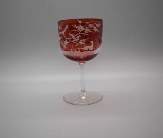 Egermann Bohemian 4.5" Goblet Stem Wine Hock Ruby Crystal Etched Hunt Scene