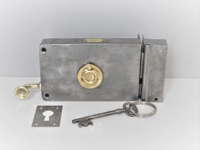 ANCIENNE SERRURE DE Porte a Tirette "S.R.L" Avec 1 Clé et Gâche,Tirage